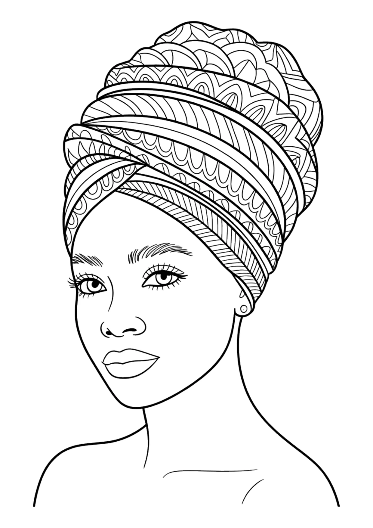 Detailed zentangle coloring page of a Black woman with a headwrap