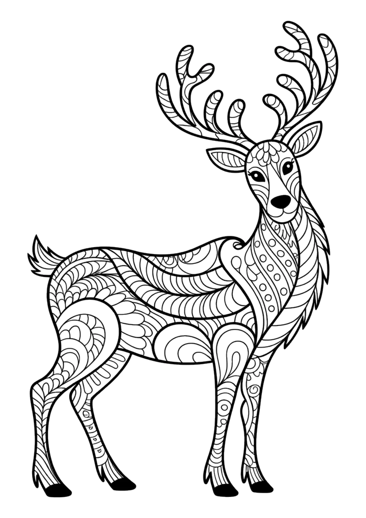 Desenho de rena zentangle com padrões detalhados para adultos colorirem