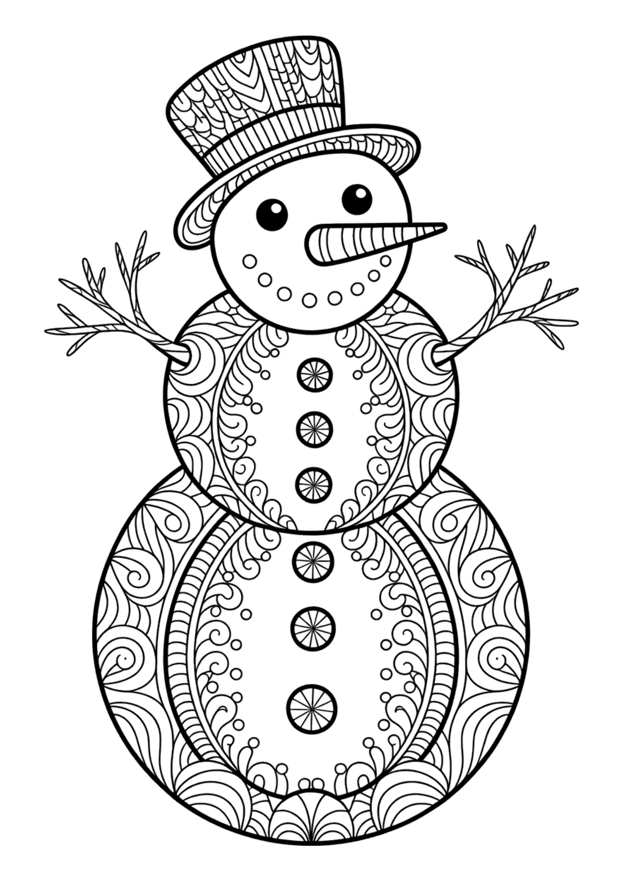 Zentangle-Schneemann-Ausmalbild für Erwachsene mit filigranen Mustern