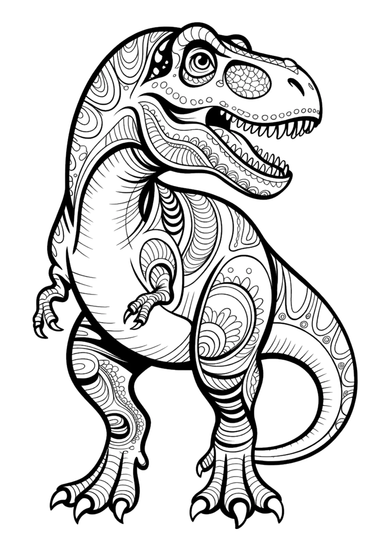 Detailliertes Zentangle-Ausmalbild von einem T-Rex in voller Größe, gefüllt mit Schnörkeln, Schuppen und Punkten