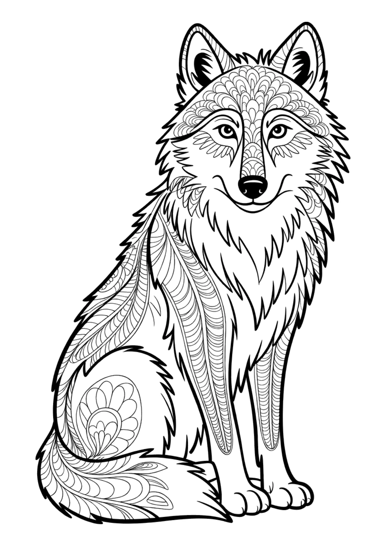 Desenho detalhado em estilo zentangle de um lobo sentado para colorir
